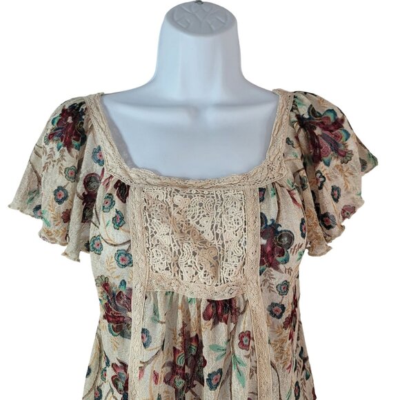 Ralph Lauren Denim & Supply Boho Floral Top XS Lace Trim Flutter Sleeves Scoop - Picture 4 of 7